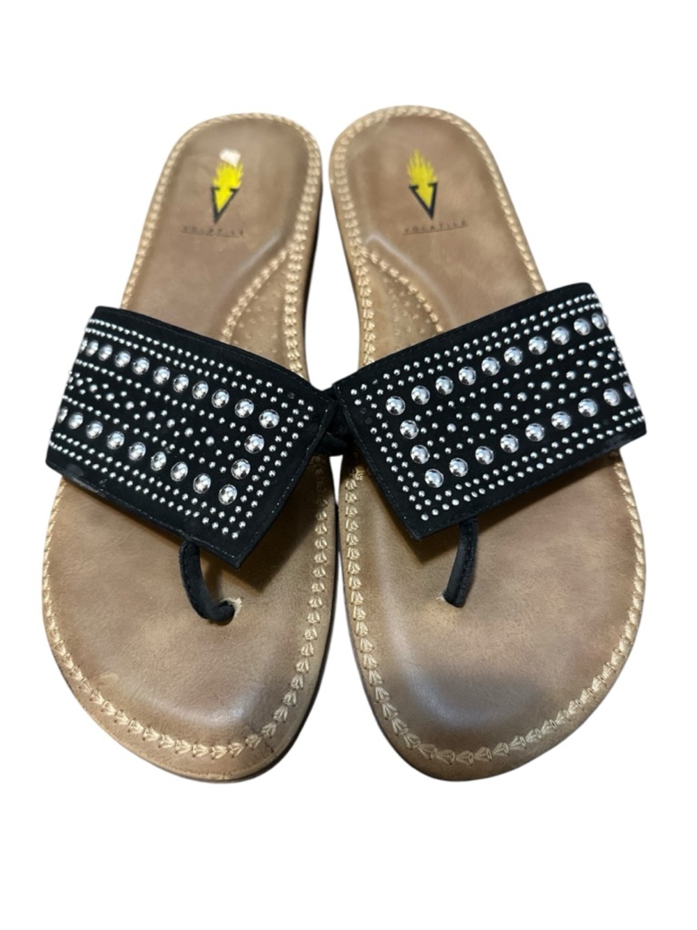 Volatile Black Crystal-Stud Toe-Post Sandals